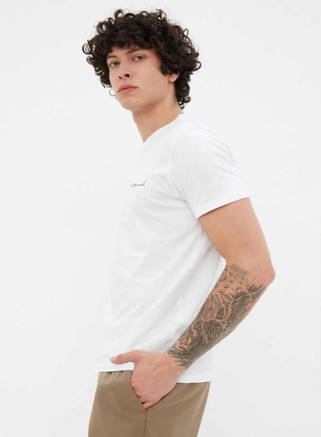 trendyol White Slim/Slim Cut Crew Neck Short Sleeve Text Printed 100% Cotton T-Shirt - Image 4