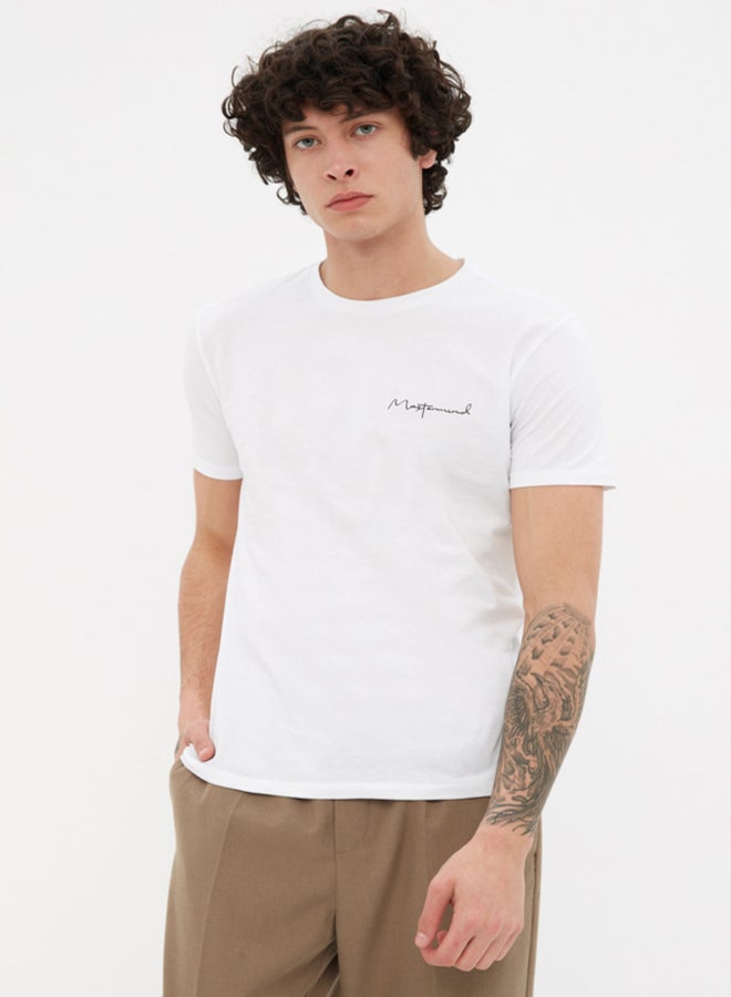 trendyol White Slim/Slim Cut Crew Neck Short Sleeve Text Printed 100% Cotton T-Shirt - Image 3