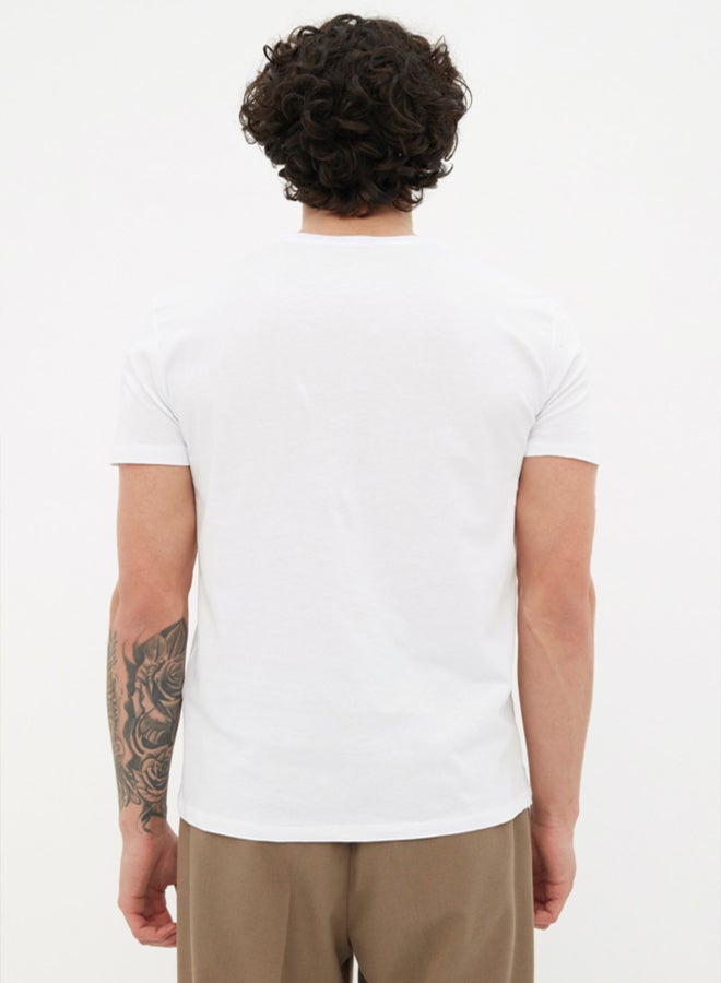 trendyol White Slim/Slim Cut Crew Neck Short Sleeve Text Printed 100% Cotton T-Shirt - Image 2