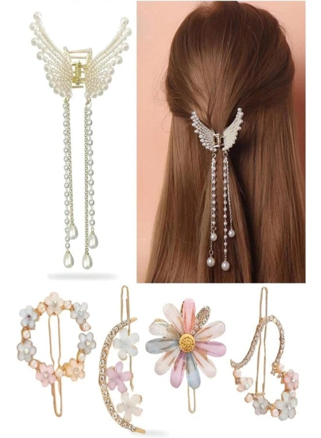Pearl Butterfly Hair Clip with Floral Hair Pins Combo Elegant Korean Style Hair Accessories Set for Women & Girls - Image 1