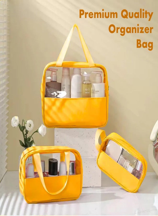 HOOPOES Travel Toiletry Pouch for Women & Men, Portable Cosmetic Organizer Bag for Full-Sized Shampoo, Brushes Set, Toys, Stationery, Bathroom & Makeup Accessories (Yellow, 3 pcs Set) - Image 2