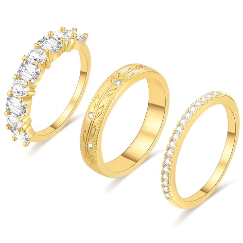 FUNEIA Stackable Gold Rings for Women Non Tarnish Chunky 14K Gold Plated Rings that Don't Tarnish Engagement Cubic Zirconia Ring Set Stack Dainty Pinky Wedding Bands Thumb Rings Gold Jewelry Size 6-11 - Image 1
