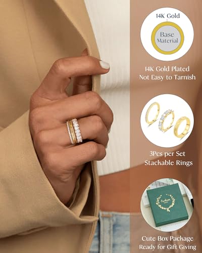 FUNEIA Stackable Gold Rings for Women Non Tarnish Chunky 14K Gold Plated Rings that Don't Tarnish Engagement Cubic Zirconia Ring Set Stack Dainty Pinky Wedding Bands Thumb Rings Gold Jewelry Size 6-11 - Image 4