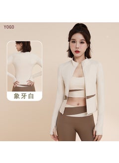 Womens Yoga Suit 2025 New Style Pullover Training Fitness Top Morning Running Quick Dry Sport Color Block Long Sleeve Jacket Ivory White [Contrast Coat]]