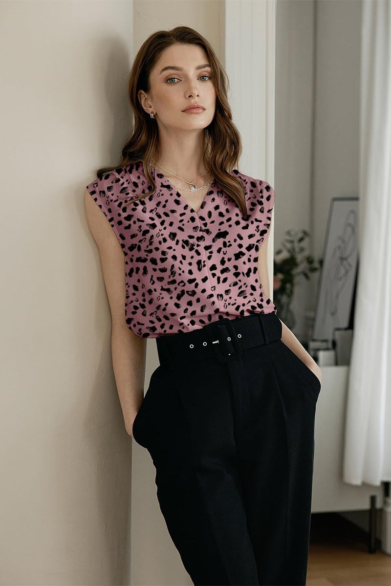EVALESS Womens Tank Tops V Neck Pleated Casual Cami Sleeveless Camisole Work Blouses Summer Basic Tank Shirt Leopard M - Image 3