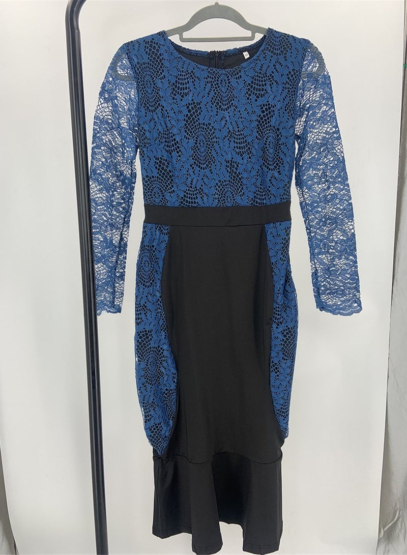 Loquat Lace Dress With High Waist And Long Sleeve Blue 