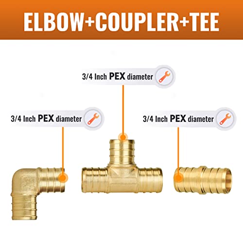 SUNGATOR 45-Pack 3/4 Inch PEX Fittings, 15 Each Elbow Tee Coupling, No Lead Brass Pex Fittings 3/4 Inch Assortment, UPC, NSF Certified - Image 2