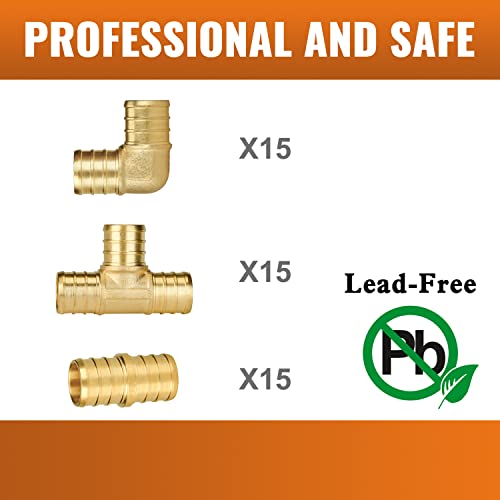 SUNGATOR 45-Pack 3/4 Inch PEX Fittings, 15 Each Elbow Tee Coupling, No Lead Brass Pex Fittings 3/4 Inch Assortment, UPC, NSF Certified - Image 4