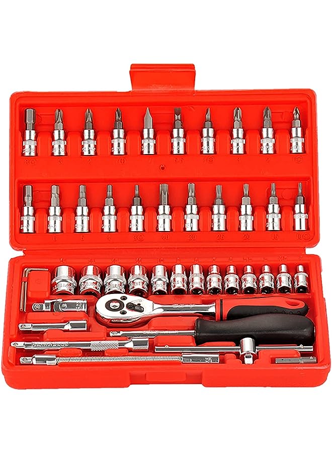 vesus 46pcs 1/4-Inch Repair Tool Socket Ratchet Torque Wrench Extension Bar Drill Bits Automobiles Repair Tools Kit Multifunction Repair Hand Tool Kit (Red) - Image 1