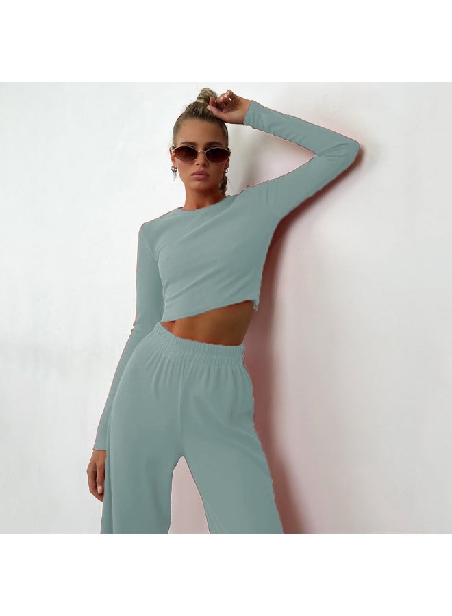 NIBEMINENT Fashion Women's Casual Clothing Short Slim Fit Long-sleeved Round Neck T-shirt Trousers Suit Ladies Pants Two-piece set - Image 2