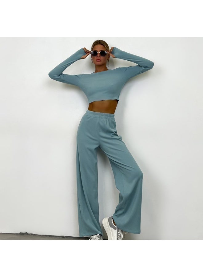 NIBEMINENT Fashion Women's Casual Clothing Short Slim Fit Long-sleeved Round Neck T-shirt Trousers Suit Ladies Pants Two-piece set - Image 1