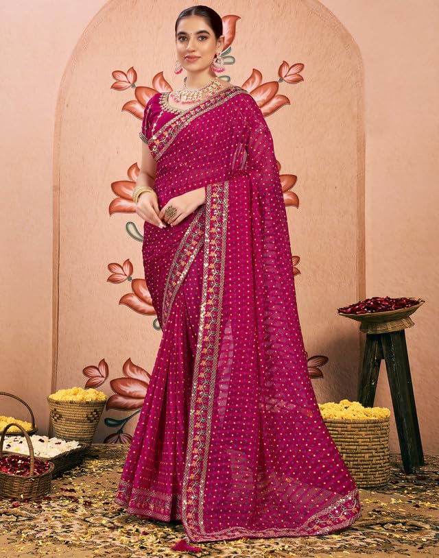 SIRIL Women's Chiffon Bandhani Printed Sequence Embroidery Saree With Unstitched Blouse Piece (4114S655_Rani Pink) - Image 5