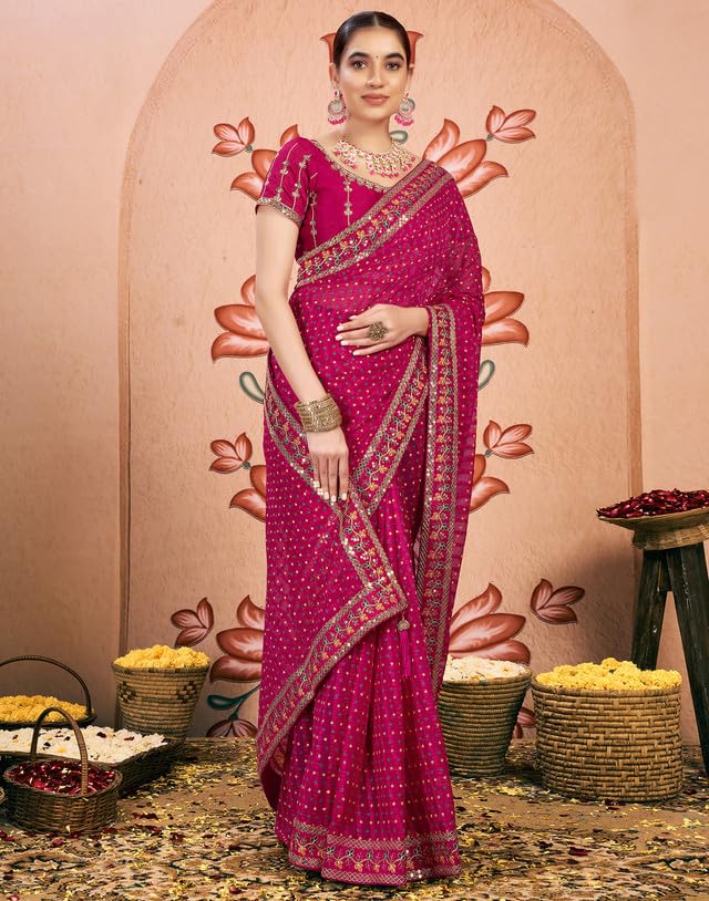 SIRIL Women's Chiffon Bandhani Printed Sequence Embroidery Saree With Unstitched Blouse Piece (4114S655_Rani Pink) - Image 3