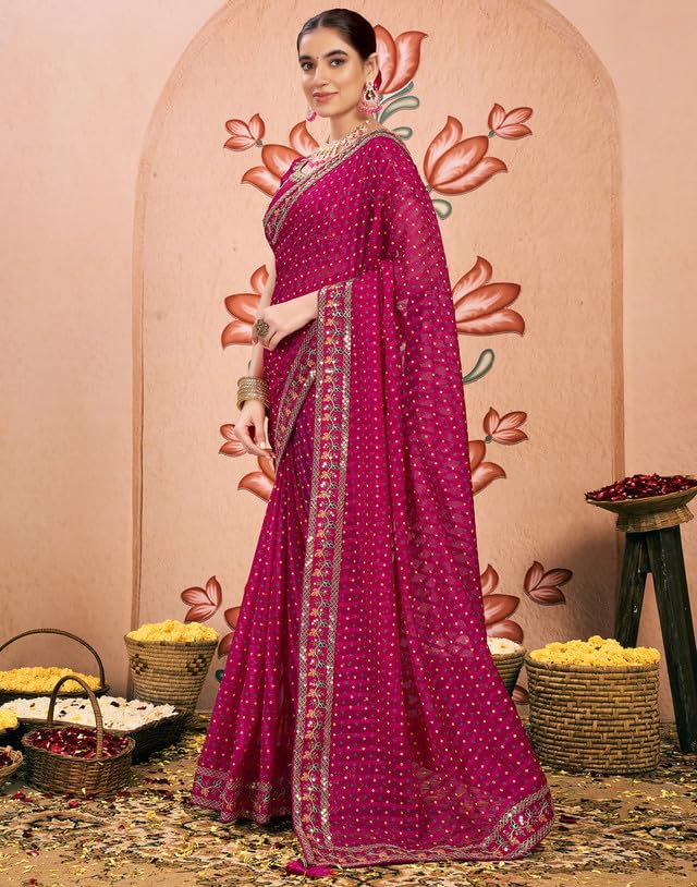 SIRIL Women's Chiffon Bandhani Printed Sequence Embroidery Saree With Unstitched Blouse Piece (4114S655_Rani Pink) - Image 2