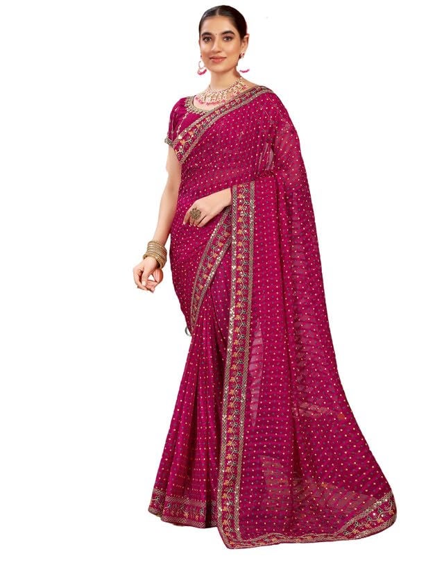 SIRIL Women's Chiffon Bandhani Printed Sequence Embroidery Saree With Unstitched Blouse Piece (4114S655_Rani Pink) - Image 1