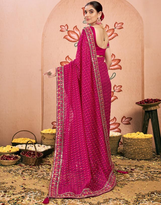 SIRIL Women's Chiffon Bandhani Printed Sequence Embroidery Saree With Unstitched Blouse Piece (4114S655_Rani Pink) - Image 4