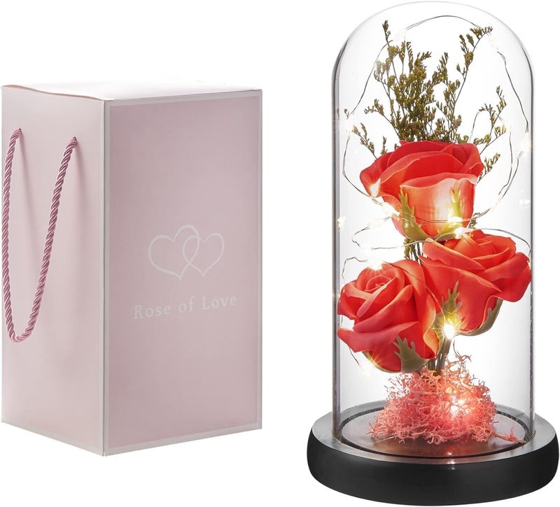 Gladnes Glass Rose Flower The Beast Rose in Glass Dome LED Lights Galaxy Rose Gift Enchanted Forever Rose Romantic Birthday for Valentines Anniversary Christmas Gift red - Image 1