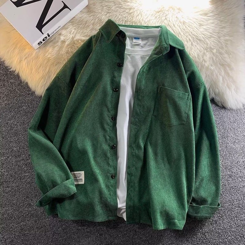 Spring and Autumn Shirt Mens Long-sleeved Loose Trendy Brand All-match fleece-lined Thickened Warm Shirt Corduroy Top Coat Black fleece-lined - Image 5