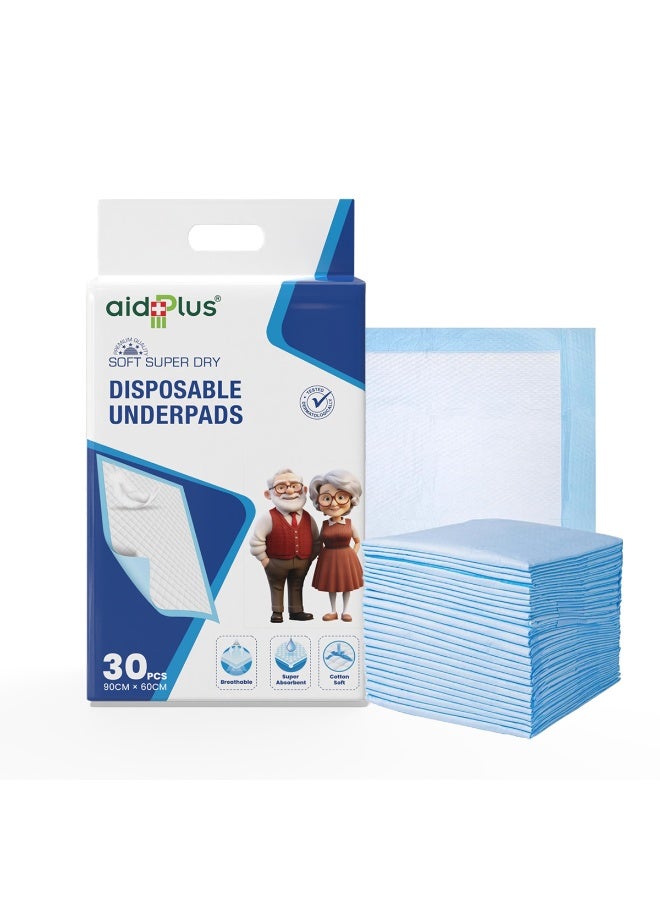AID PLUS Disposable Underpads – (Pack Of 30) Soft, Ultra Absorbent, Antibacterial & Leak-Proof Protection 90 cm X 60 cm for Elderly, Hospital, Baby, and Pet Use - Image 1