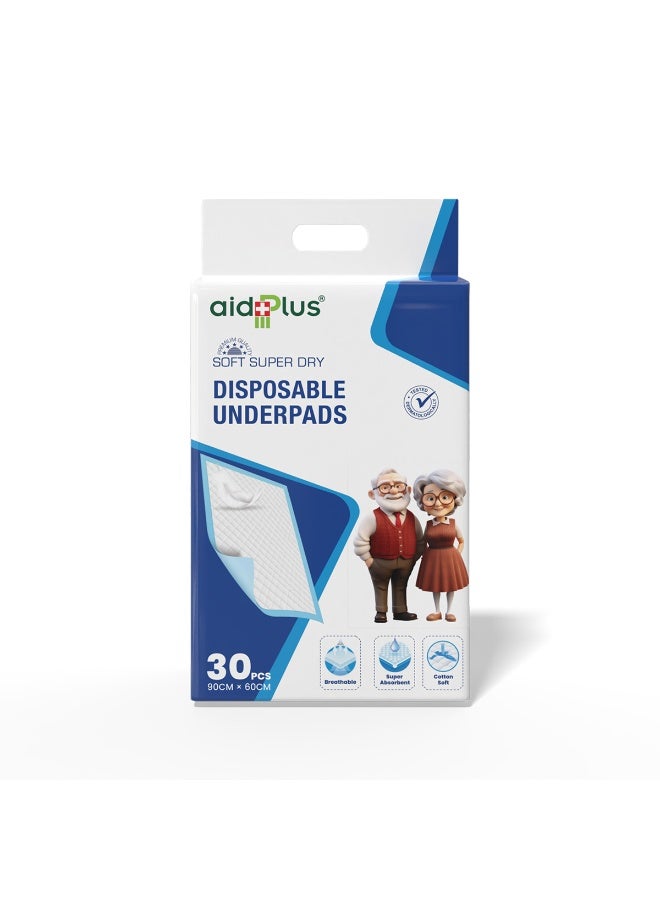 AID PLUS Disposable Underpads – (Pack Of 30) Soft, Ultra Absorbent, Antibacterial & Leak-Proof Protection 90 cm X 60 cm for Elderly, Hospital, Baby, and Pet Use - Image 2