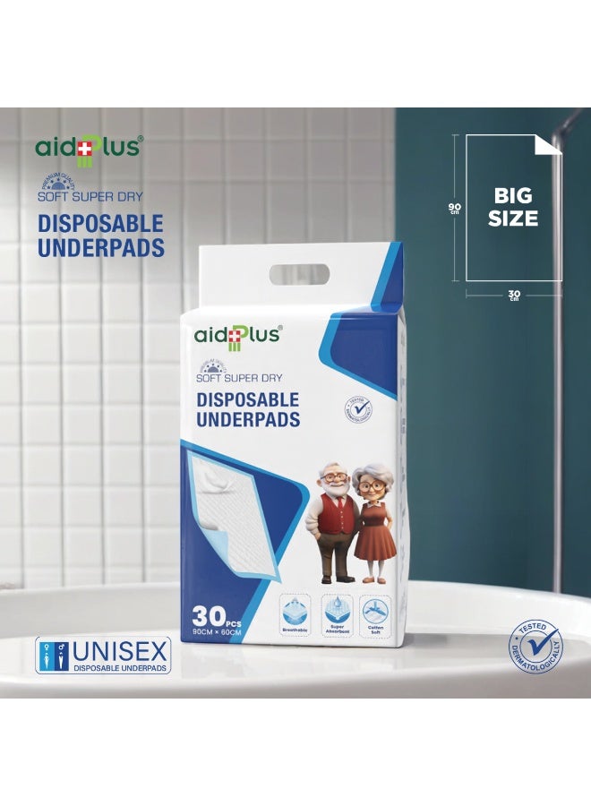 AID PLUS Disposable Underpads – (Pack Of 30) Soft, Ultra Absorbent, Antibacterial & Leak-Proof Protection 90 cm X 60 cm for Elderly, Hospital, Baby, and Pet Use - Image 4