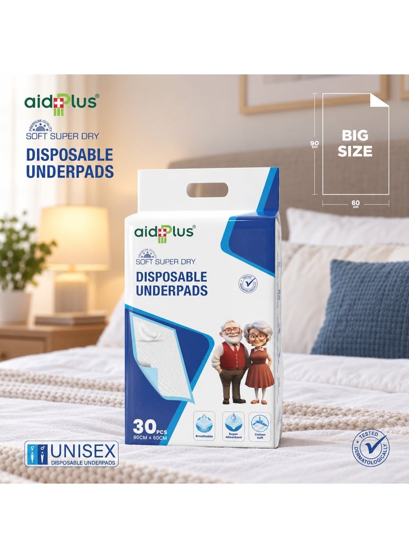 AID PLUS وسادات تحتية قابلة للتصرف – (عبوة من 30) ناعمة، فائقة الامتصاص، مضادة للبكتيريا ومقاومة للتسرب 90 سم × 60 سم للاستخدام من قبل كبار السن، المستشفيات، الأطفال، والحيوانات الأليفة - Image 2