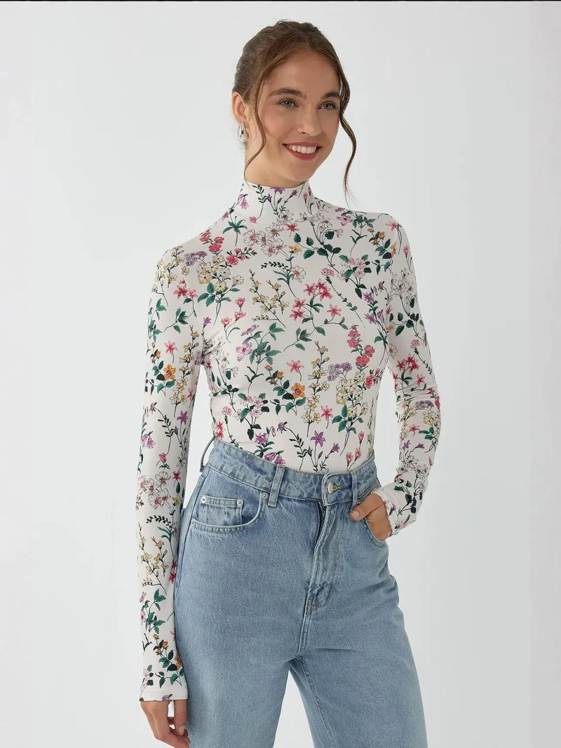 HICCUP Floral Print Long Sleeve Sweater