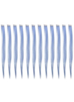 SWACC SWACC 12 Pcs Straight One Color Party Highlights Clip on in Hair Extensions Colored Hair Streak Synthetic Hairpieces (Dull Blue)  - Image 1