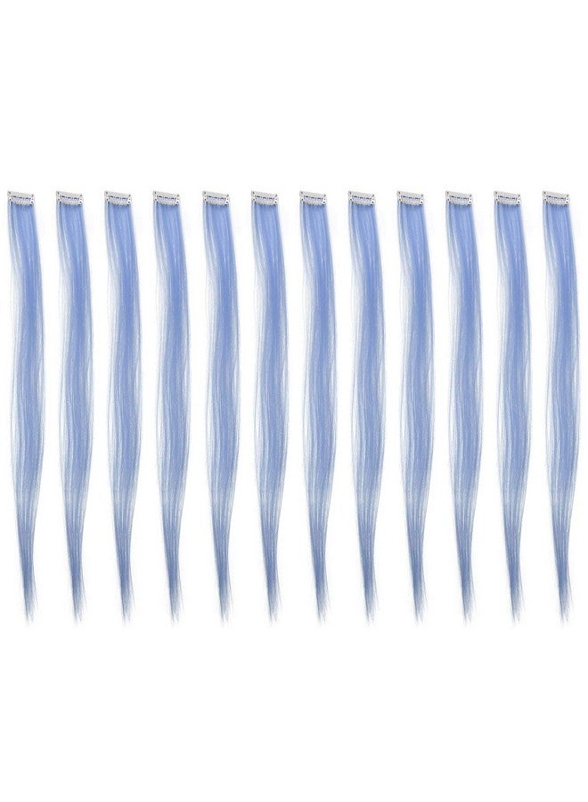 SWACC 12 Pcs Straight One Color Party Highlights Clip on in Hair Extensions Colored Hair Streak Synthetic Hairpieces (Dull Blue) - Image 1