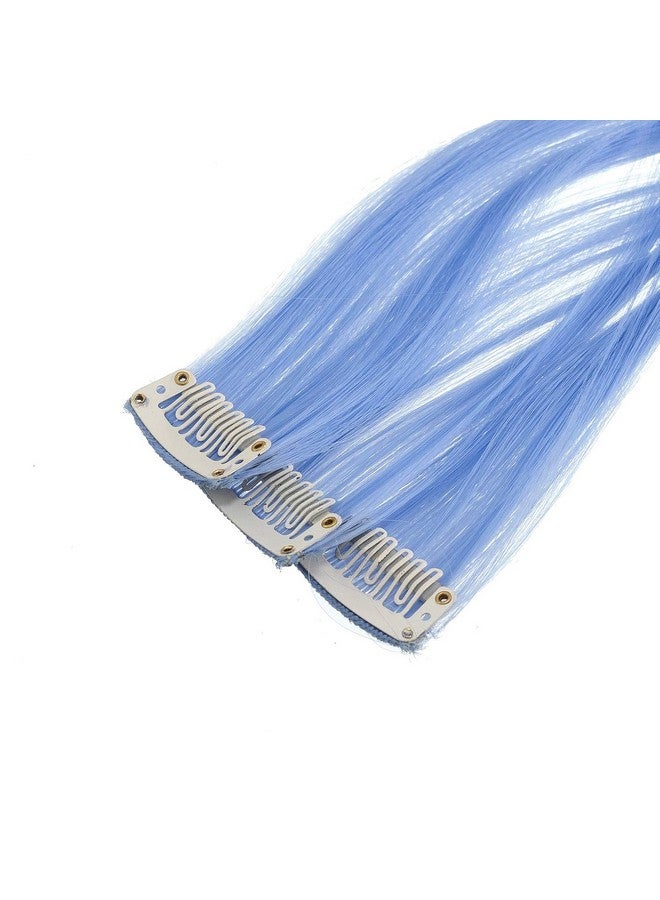 SWACC 12 Pcs Straight One Color Party Highlights Clip on in Hair Extensions Colored Hair Streak Synthetic Hairpieces (Dull Blue) - Image 3