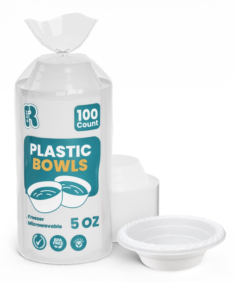 R-kay Plastic Bowls - 100 Count Microwavable Disposable Bowls - Strong Heavy Duty And Sturdy White Plastic Bowls Disposable (5 OZ, 100) - Image 1