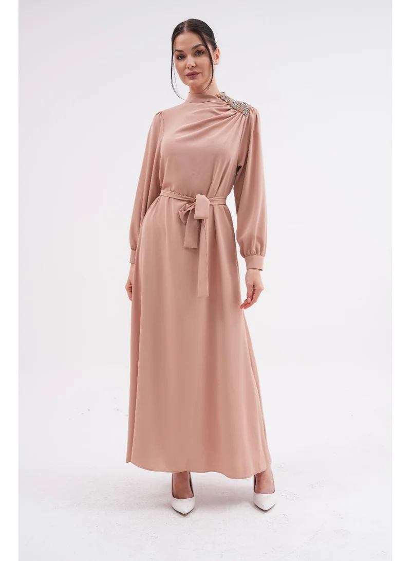 Elegant Belted Evening Dress with Shoulder Embellishment