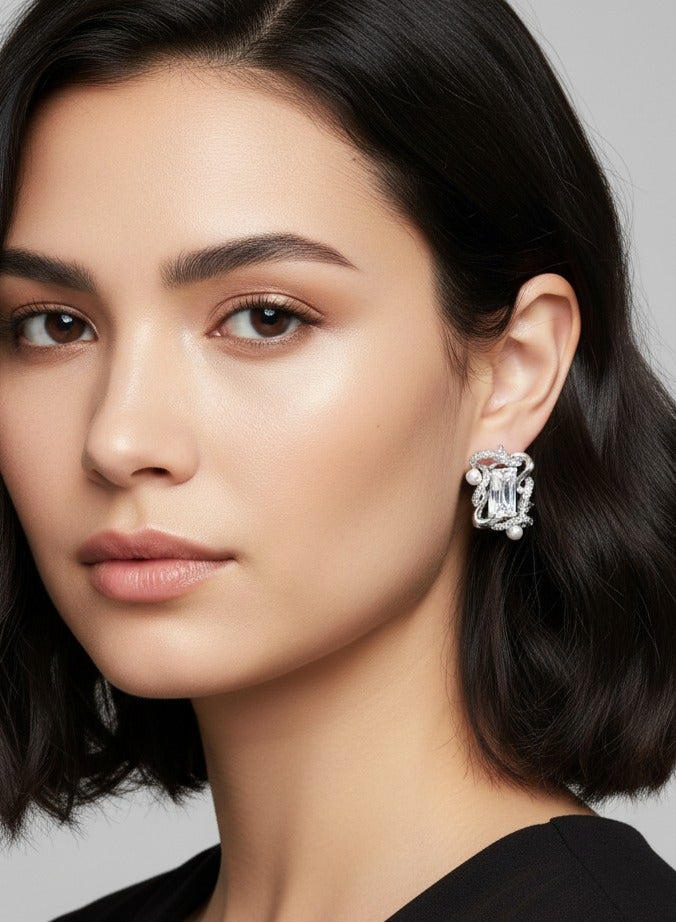 R.C.E Accessories Minimalist Silver Stone Earrings for Women & Girls - Classic Sparkling Design, Elegant Earing for Women, Stylish Fashion Jewelry for Everyday Wear - Image 2