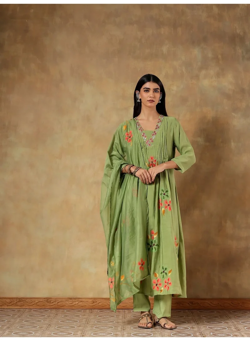 Mul Chanderi Anarkali Dress Kurta Set for Women Floral Printed Embroidered Kurta Pant Dupatta Set Indian Ethnic Wear