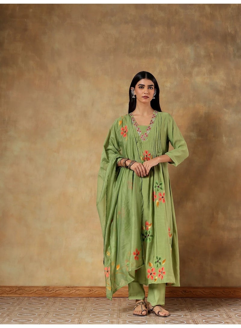PRIYA’S PANACHE Mul Chanderi Anarkali Dress Kurta Set for Women Floral Printed Embroidered Kurta Pant Dupatta Set Indian Ethnic Wear - Image 1