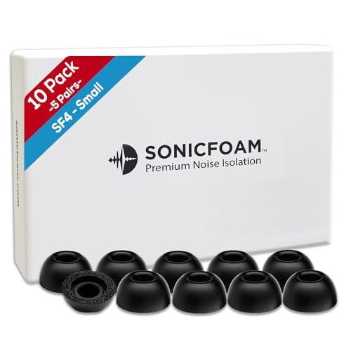 SONICFOAM (SF4 Small Black) Memory Foam Earbud Tips for Earbuds with Speaker Diameter 4.4-5.7mm - (10 Pack / 5 Pairs) - Fits Most Charging Cases - Image 1