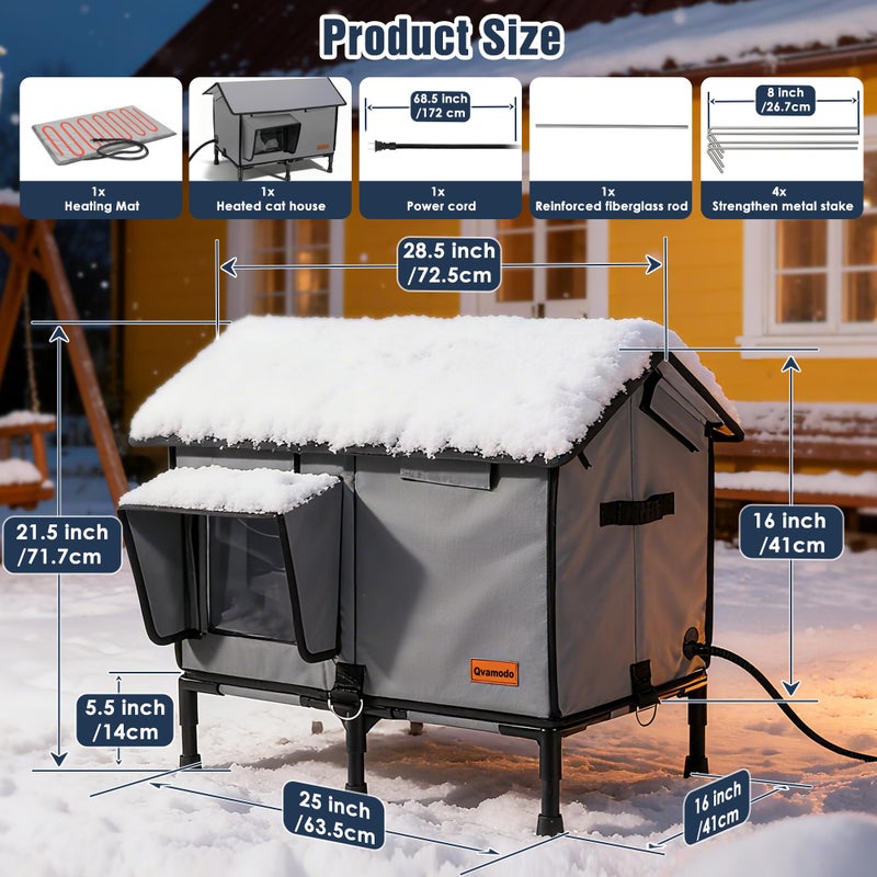 Qvamodo 6-Layer Heated Cat House, Ultra Sturdy Cat Houses for Outdoor Cats, 100% Waterproof 900D Oxford Fabric & Fully Insulated Weatherproof Heated Plush Pad for Outside Stray Barn Cat (Extra-Large) - Image 2