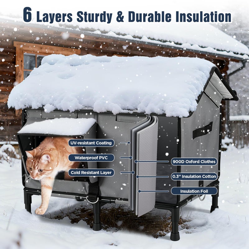 Qvamodo 6-Layer Heated Cat House, Ultra Sturdy Cat Houses for Outdoor Cats, 100% Waterproof 900D Oxford Fabric & Fully Insulated Weatherproof Heated Plush Pad for Outside Stray Barn Cat (Extra-Large) - Image 4