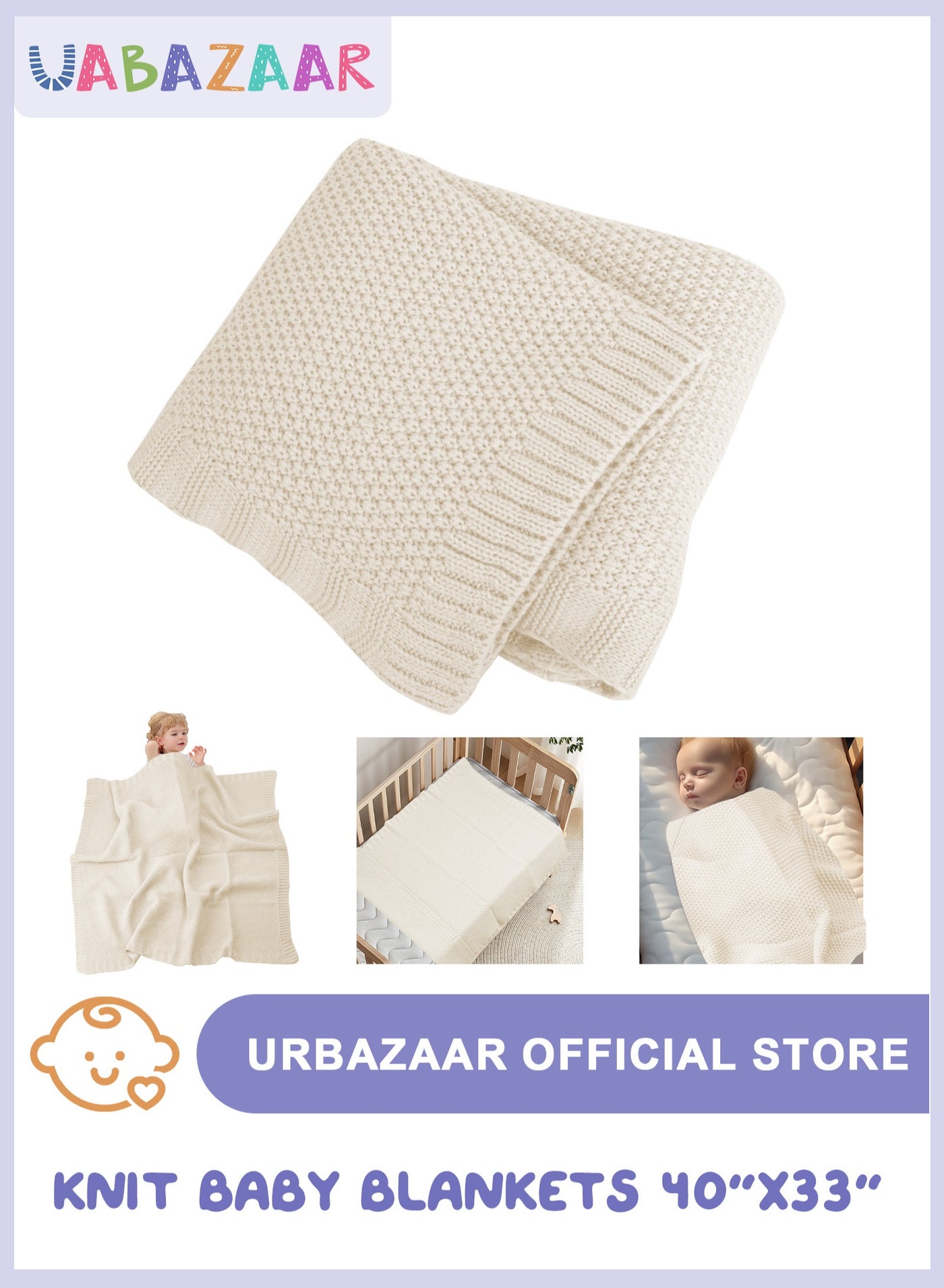 Baby Blankets Knit Cable Babe Blanket Soft Airy Newborn Infant Receiving Swaddling Beige Neutral Crib Stroller 40"x30"