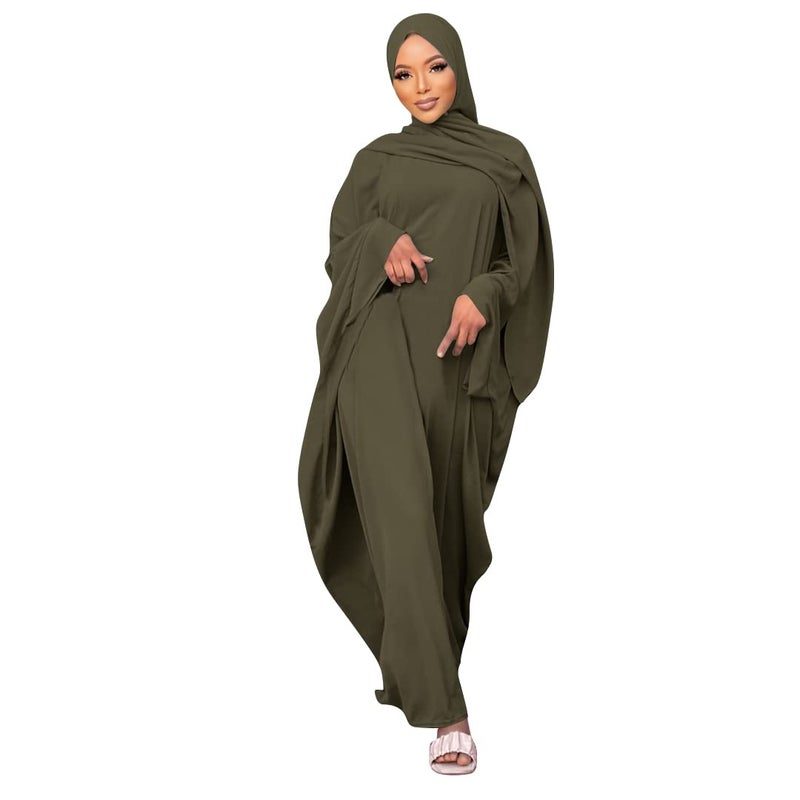 IKADEX Muslim Dress for Women Pakistani Kaftan Abaya Robe + Hijab Arabic Islamic Prayer Clothes Dubai Outfits Army Green Set - Image 2