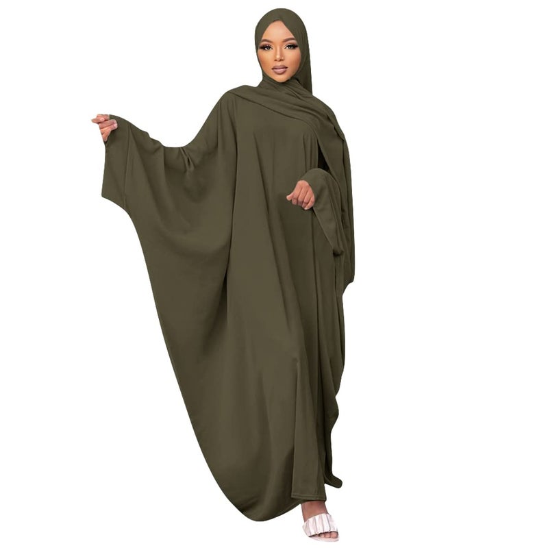 IKADEX Muslim Dress for Women Pakistani Kaftan Abaya Robe + Hijab Arabic Islamic Prayer Clothes Dubai Outfits Army Green Set - Image 1