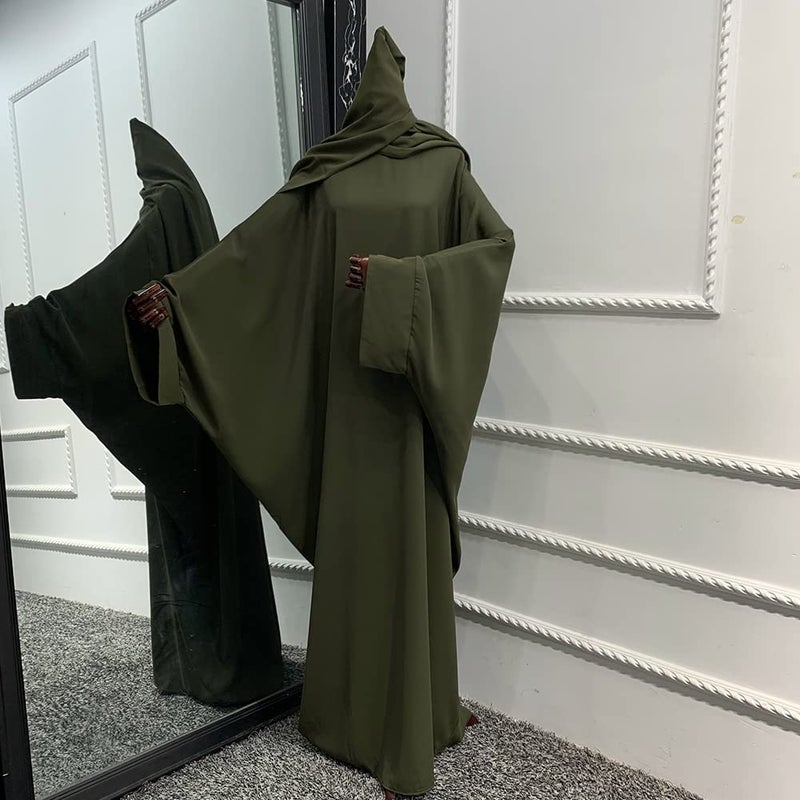IKADEX Muslim Dress for Women Pakistani Kaftan Abaya Robe + Hijab Arabic Islamic Prayer Clothes Dubai Outfits Army Green Set - Image 3