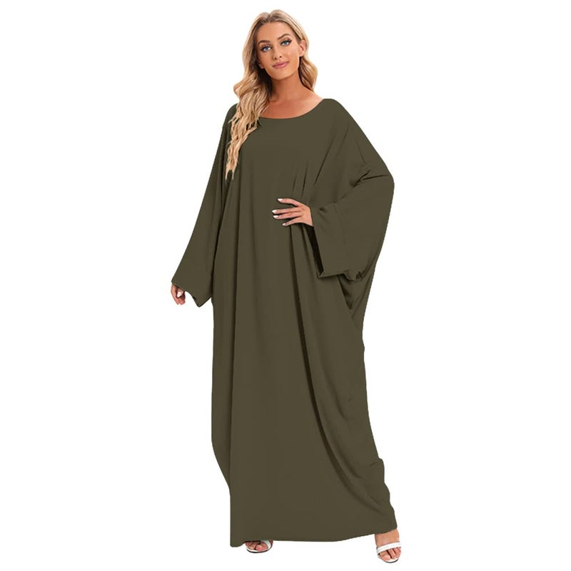 IKADEX Muslim Dress for Women Pakistani Kaftan Abaya Robe + Hijab Arabic Islamic Prayer Clothes Dubai Outfits Army Green Set - Image 5