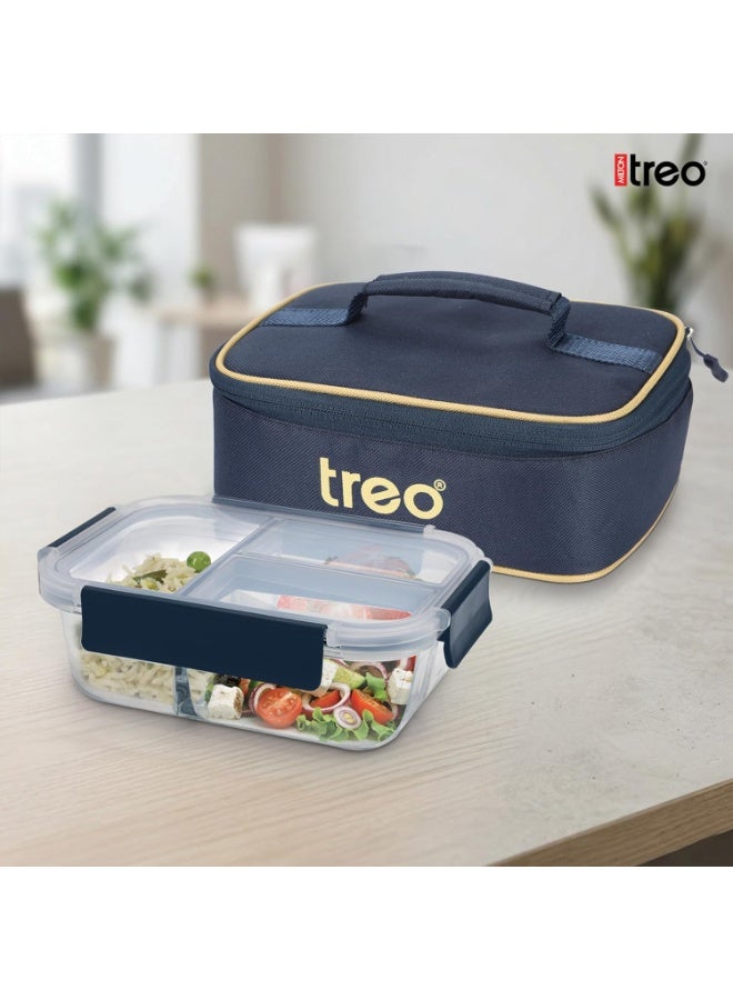 Treo By Milton All Fresh Rectangle 3 Compartment Lunch Box | 1000 ml Borosilicate Glass | Microwave & Oven Safe | Air-Vent Leak-Proof Lid with Jacket Containers | for Office & Travel, Blue
