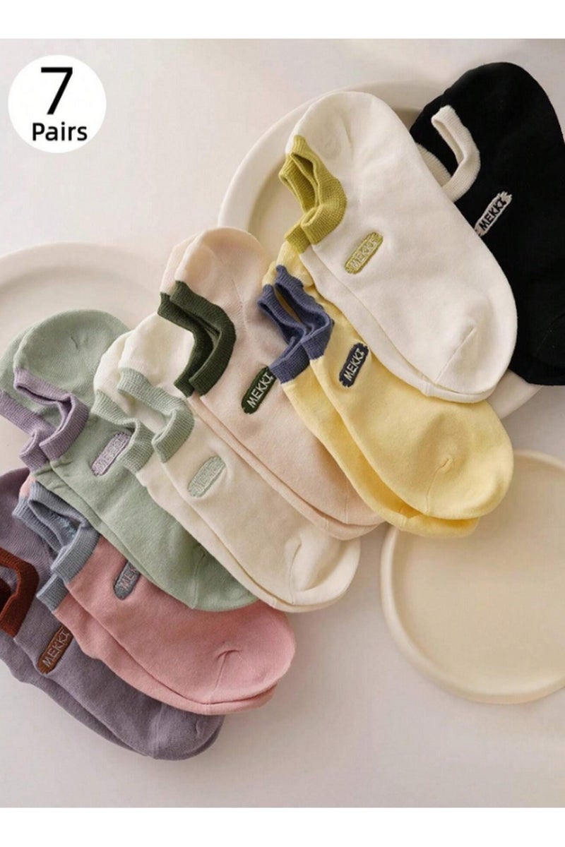 ميكن 7 أزواج من الجوارب النسائية القصيرة عند الكاحل بألوان سادة – قطن ناعم قابل للتنفس مع حافة ملونة وشعار جانبي للاستخدام اليومي - Image 1