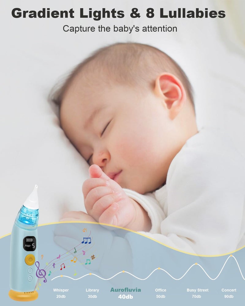 Aurofluvia Newborn Electric Nasal Aspirator, Newborn Nasal Aspirator, 5 Suction Levels and 3 Silicone Tips, with 8 Music and Relaxing Lights - Image 4