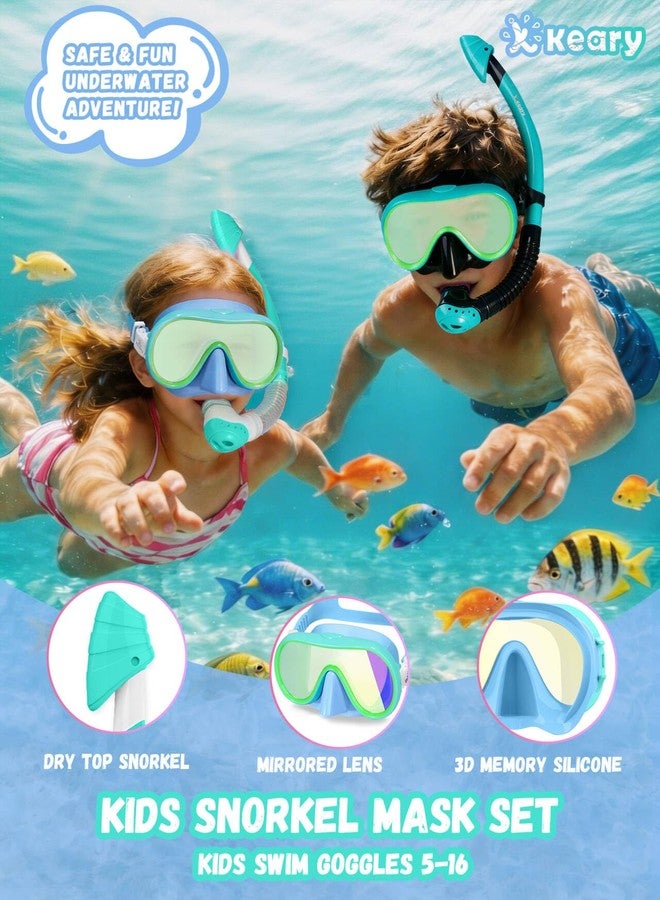 Keary Kids Snorkel Set 6-14 8-12 4-7 Kid Snorkeling Diving Mask and Dry Snorkel Kit for Boys Girls Youth Anti Fog Swim Goggles with Nose Cover Anti-UV Dry Snorkeling Gear for Kids Mirrored Lens, Green - Image 2