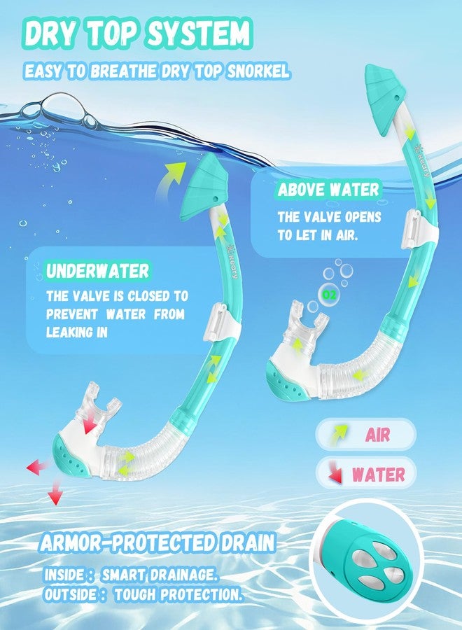Keary Kids Snorkel Set 6-14 8-12 4-7 Kid Snorkeling Diving Mask and Dry Snorkel Kit for Boys Girls Youth Anti Fog Swim Goggles with Nose Cover Anti-UV Dry Snorkeling Gear for Kids Mirrored Lens, Green - Image 5