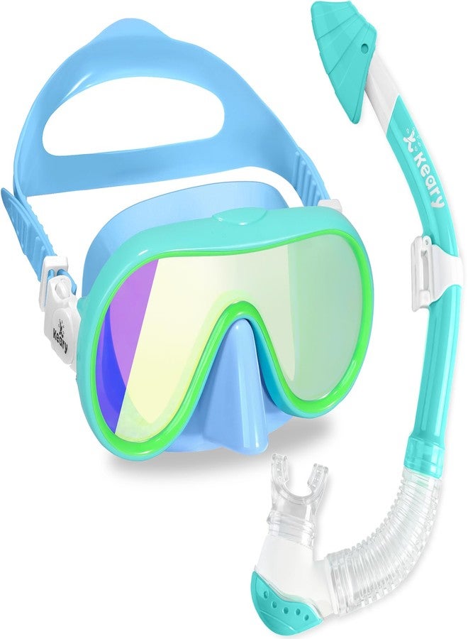 Keary Kids Snorkel Set 6-14 8-12 4-7 Kid Snorkeling Diving Mask and Dry Snorkel Kit for Boys Girls Youth Anti Fog Swim Goggles with Nose Cover Anti-UV Dry Snorkeling Gear for Kids Mirrored Lens, Green - Image 1