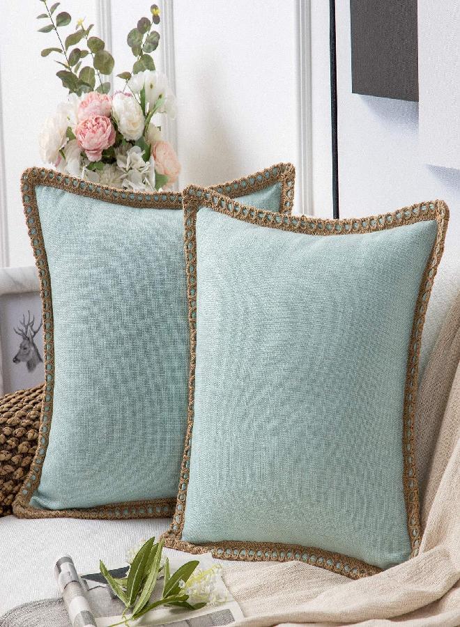 Phantoscope Phantoscope Pack of 2 Farmhouse Decorative Throw Pillow Covers Burlap Linen Trimmed Tailored Edges, Light Turquoise 26 x 26 inches, 65 x 65 cm - Image 1